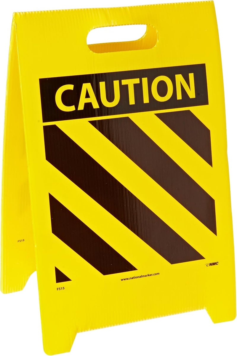 NMC FS15 Double Sided Floor Sign, Legend "CAUTION" with Hazard Stripe, 12" Length x 20" Height, Coroplast, Yellow/Black - Image 1